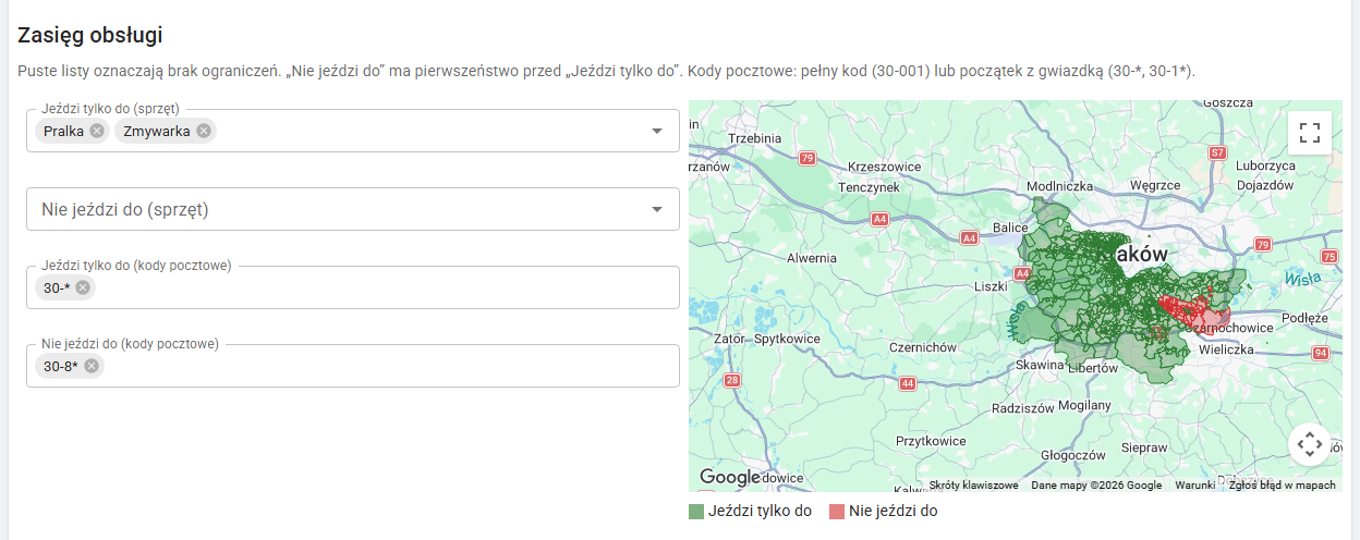 Sekcja Zasięg obsługi: pralka i zmywarka, kody 30-* i 30-8*, a obok mapa Krakowa z zielonym i czerwonym obszarem