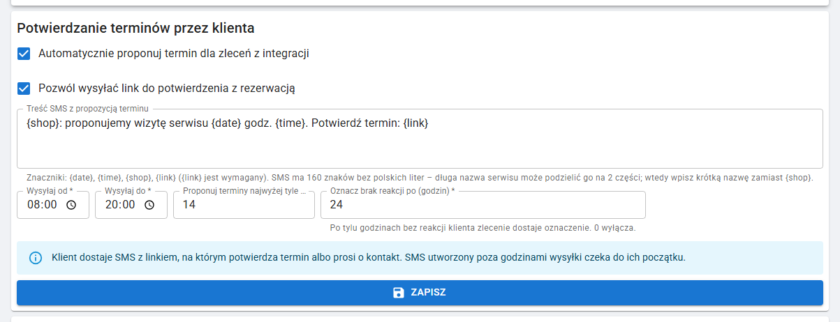 Karta Potwierdzanie terminów przez klienta: dwie zaznaczone opcje, treść SMS, godziny wysyłki, liczba dni do przodu i pole Oznacz brak reakcji po (godzin)