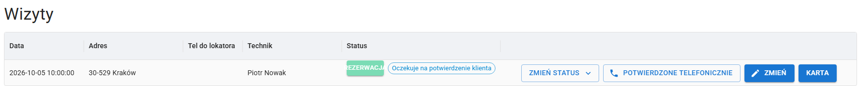 Lista wizyt: rezerwacja z oznaczeniem Oczekuje na potwierdzenie klienta oraz przyciski Zmień status, Potwierdzone telefonicznie, Zmień i Karta