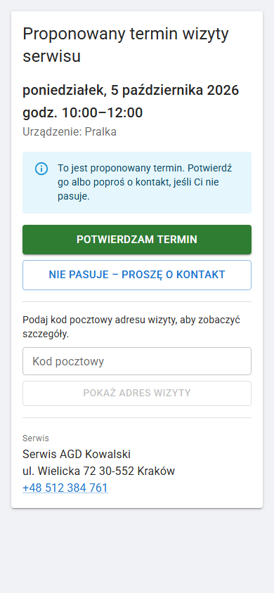 Strona dla klienta na telefonie: termin w poniedziałek 5 października, przyciski odpowiedzi i pole na kod pocztowy; adres wizyty jest jeszcze ukryty