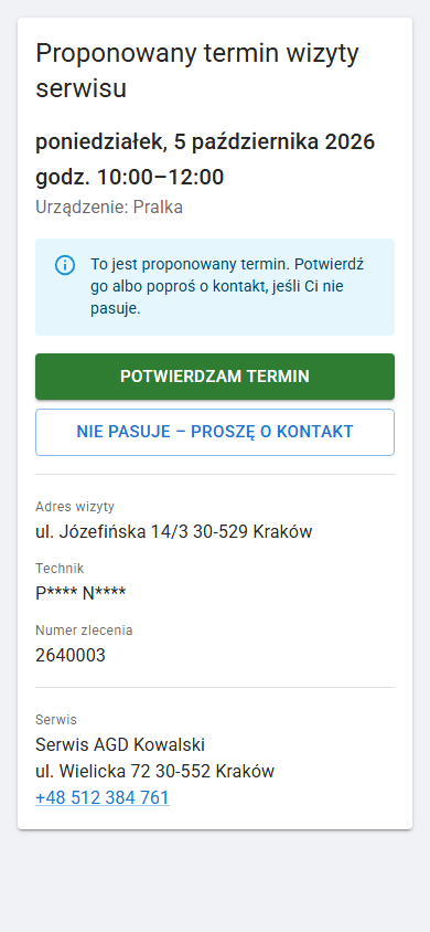 Ta sama strona po podaniu kodu pocztowego: adres wizyty, częściowo ukryte nazwisko technika i numer zlecenia