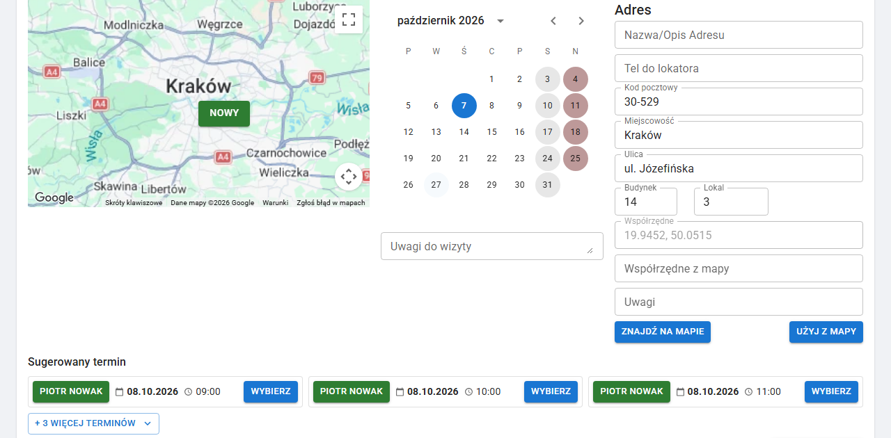 Umawianie wizyty: mapa, kalendarz i sugerowane terminy technika