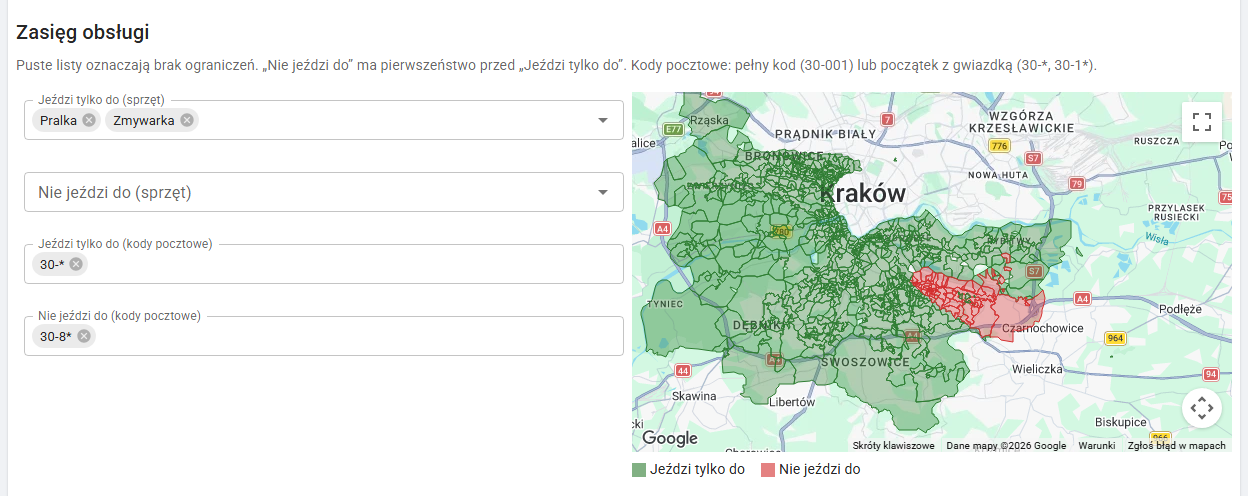 Mapa kodów pocztowych z dozwolonymi i zabronionymi obszarami obsługi technika