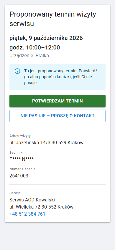 Strona potwierdzenia terminu wizyty na telefonie klienta